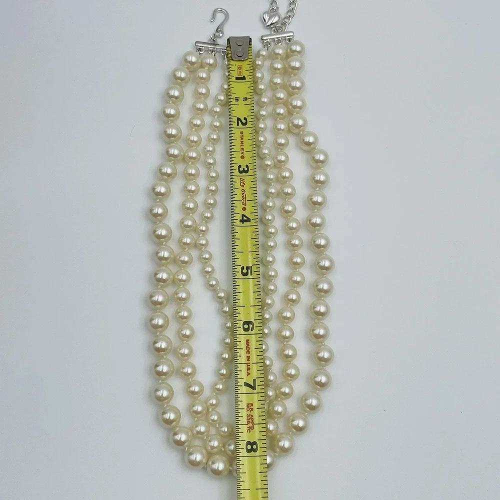 Carol Lee Triple Strand Faux Pearl Necklace‎ Ivory Silver Tone Heart Charm 16in